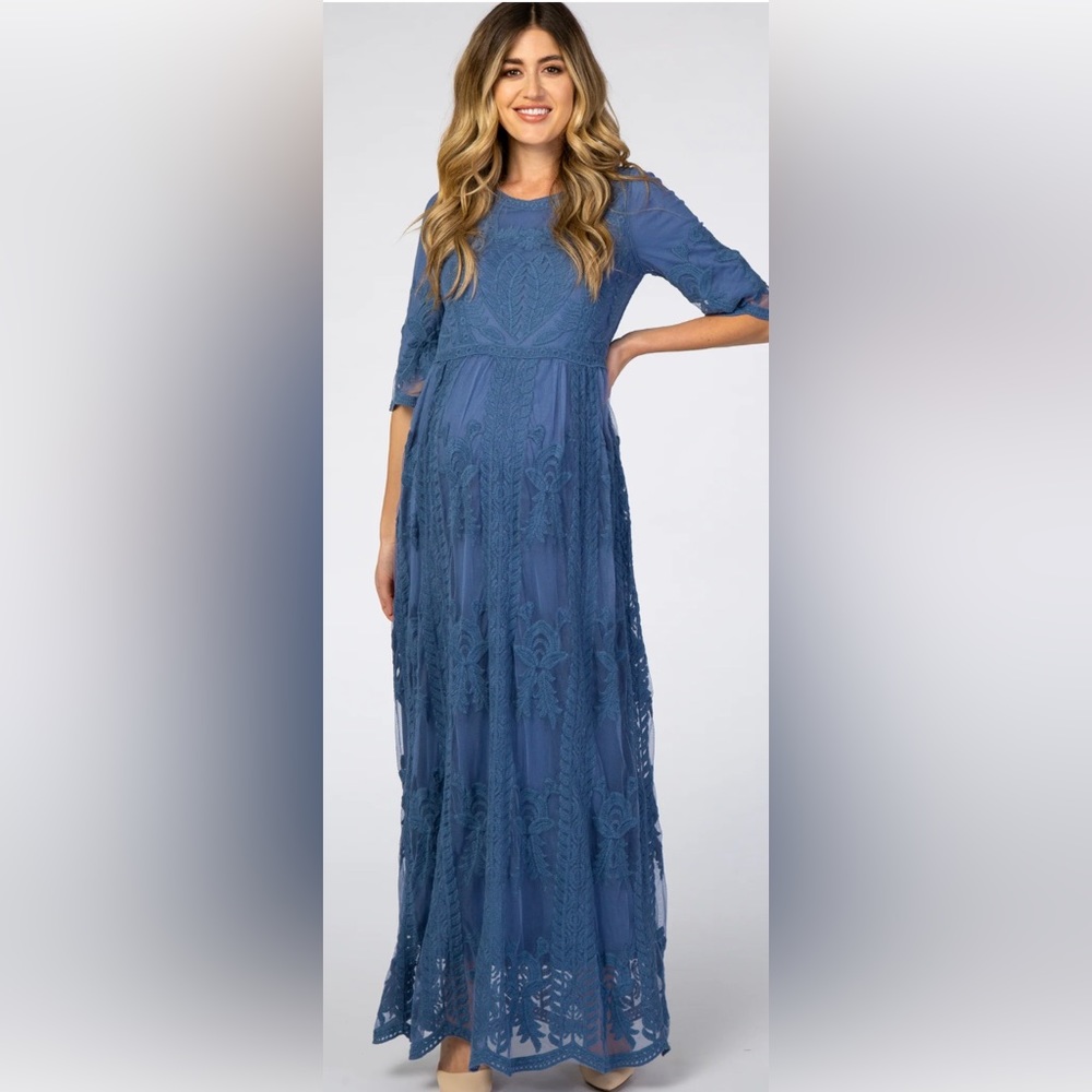 Pinkblush Blue Crochet Overlay Maternity Maxi Dress Size M